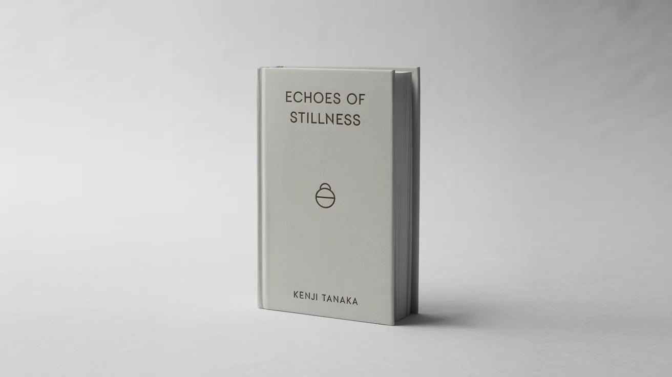 A photorealistic mockup of a minimalist hardcover book with an off-white cover and black text. The book, titled 'Echoes of Stillness' by 'Kenji Tanaka', is standing on a clean white background.