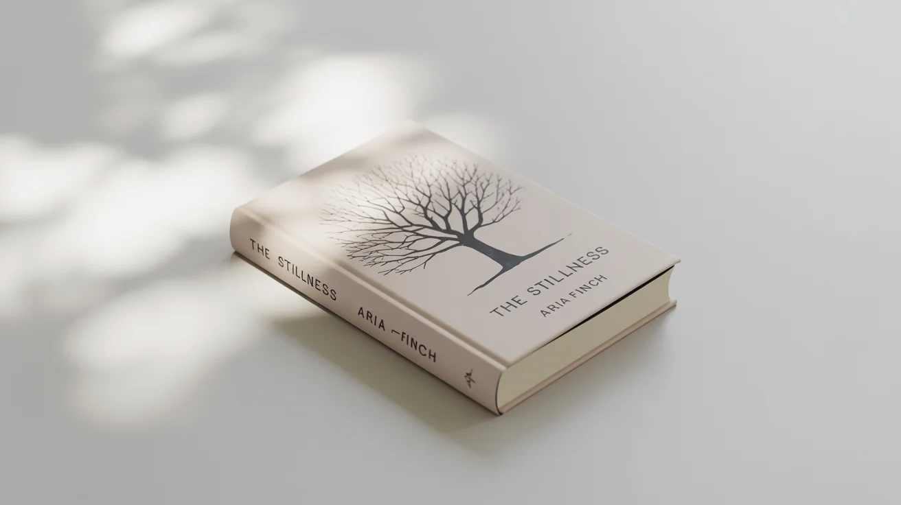 A photorealistic mockup of a book with a minimalist white cover. The cover features a simple black line drawing of a tree and the title 'The Stillness' at the bottom.