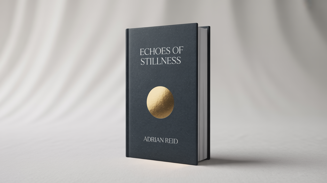 A minimalist book cover with a dark charcoal gray background and a single gold foil circle in the center. The title reads 'ECHOES OF STILLNESS' and the author is 'ADRIAN REID'.