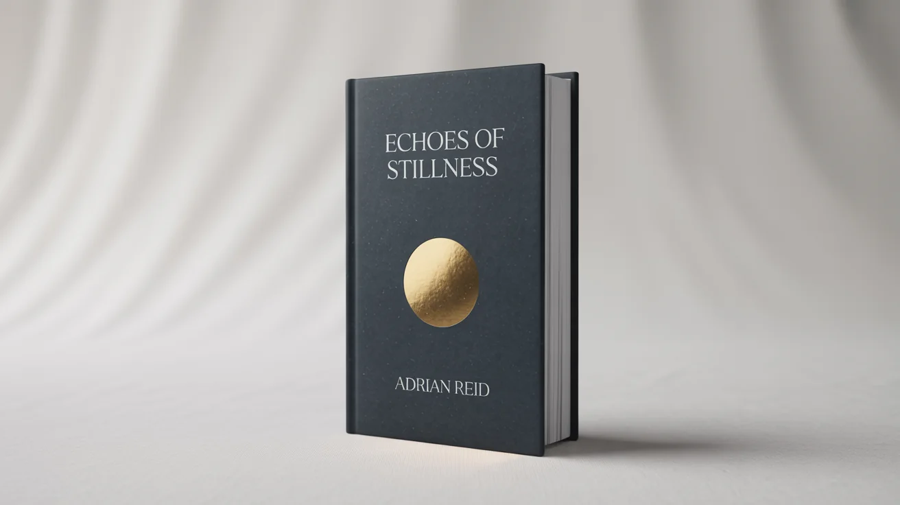 A minimalist book cover with a dark charcoal gray background and a single gold foil circle in the center. The title reads 'ECHOES OF STILLNESS' and the author is 'ADRIAN REID'.