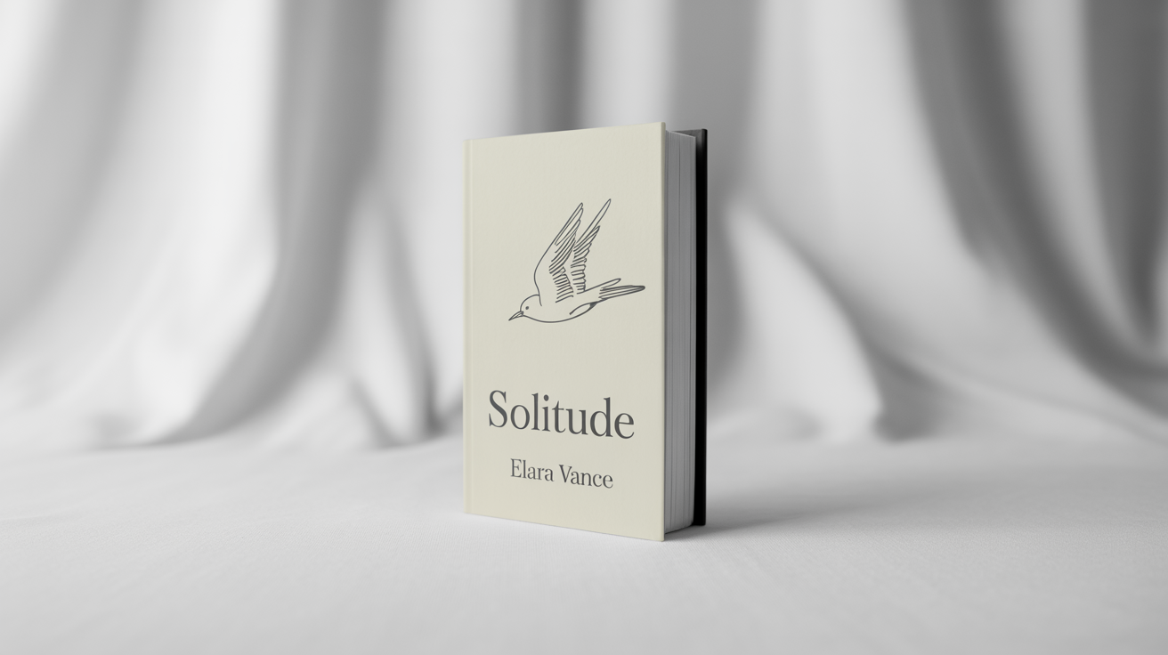 A photorealistic mockup of a minimalist book cover titled 'Solitude' by Elara Vance, featuring a simple line drawing of a bird on an off-white background.