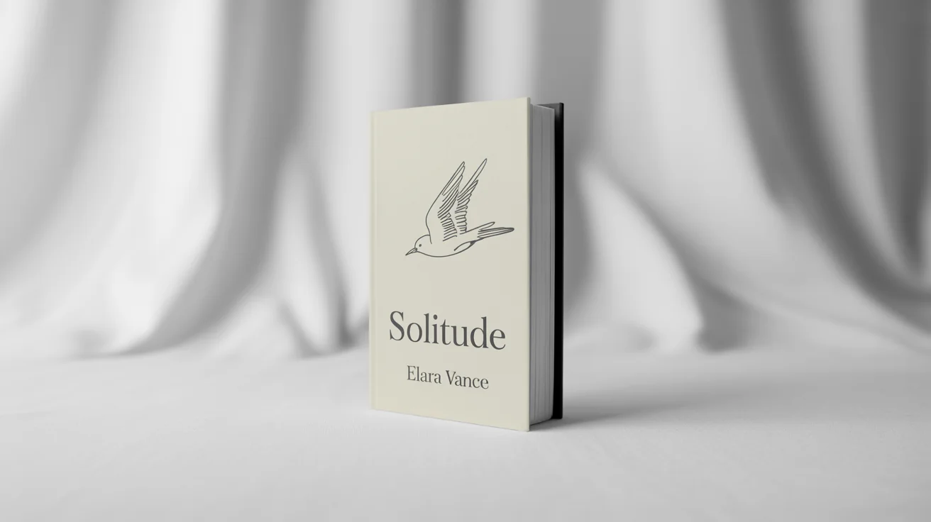 A photorealistic mockup of a minimalist book cover titled 'Solitude' by Elara Vance, featuring a simple line drawing of a bird on an off-white background.