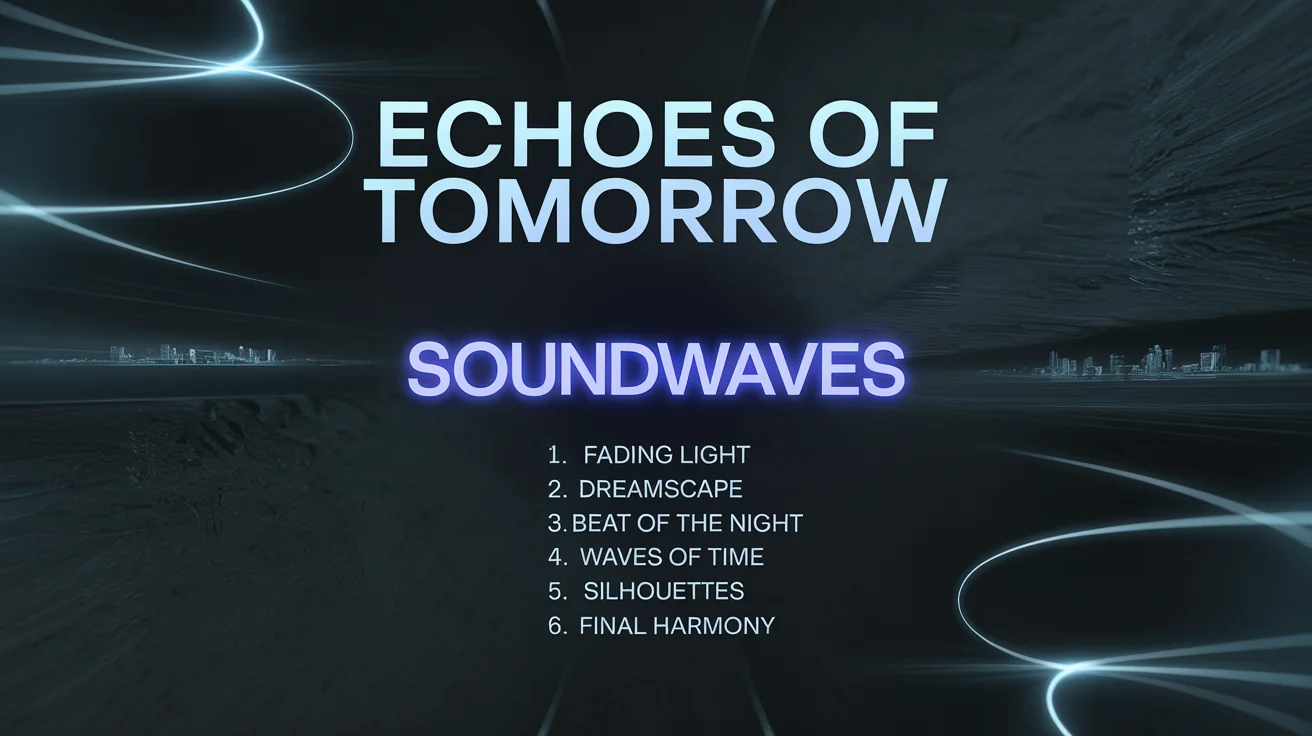 A futuristic tracklist poster for an album titled 'Echoes of Tomorrow' by the artist 'SOUNDWAVES'. The design features a dark background with bold, holographic text for the title and blue neon lettering for the artist's name and tracklist, creating a sleek, high-tech look.