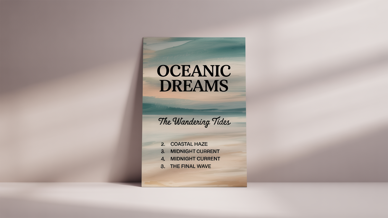 A minimalist tracklist poster mockup for a fictional album called 'Oceanic Dreams' by 'The Wandering Tides', featuring a tracklist and abstract watercolor art, displayed on a white background.