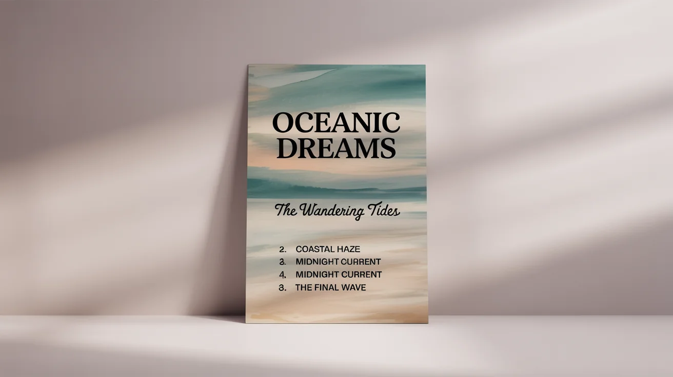 A minimalist tracklist poster mockup for a fictional album called 'Oceanic Dreams' by 'The Wandering Tides', featuring a tracklist and abstract watercolor art, displayed on a white background.