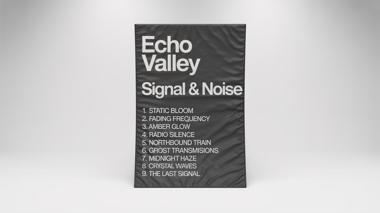 A mockup of a minimalist tracklist poster for the fictional band 'ECHO VALLEY' and their album 'SIGNAL & NOISE', showing a list of nine song titles against a dark charcoal background, all displayed on a clean white surface.