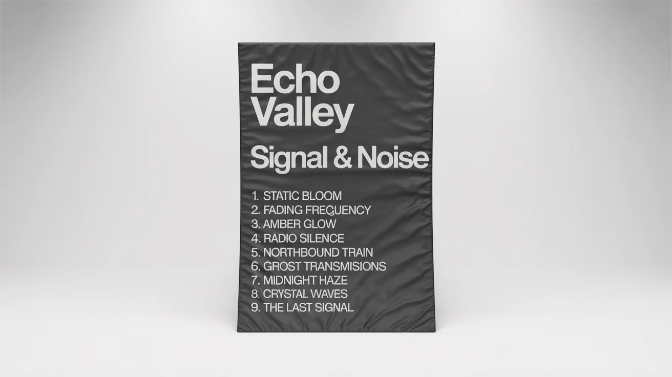 A mockup of a minimalist tracklist poster for the fictional band 'ECHO VALLEY' and their album 'SIGNAL & NOISE', showing a list of nine song titles against a dark charcoal background, all displayed on a clean white surface.