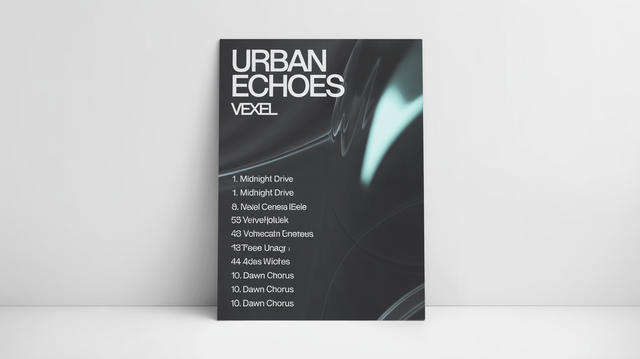 A modern mockup of a vertical tracklist poster for the album 'URBAN ECHOES' by 'VEXEL'. The poster has a dark background and lists ten song titles in clean, white typography, all displayed on a plain white surface.