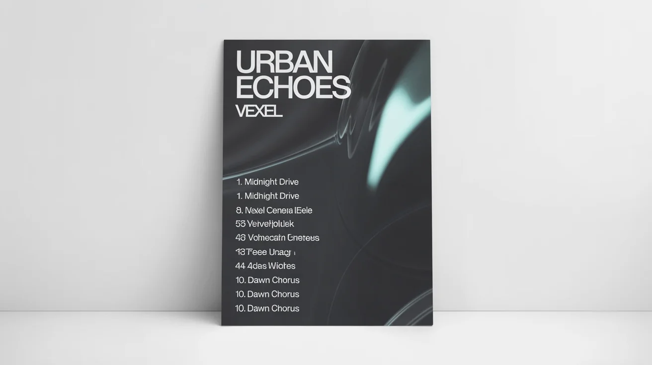 A modern mockup of a vertical tracklist poster for the album 'URBAN ECHOES' by 'VEXEL'. The poster has a dark background and lists ten song titles in clean, white typography, all displayed on a plain white surface.