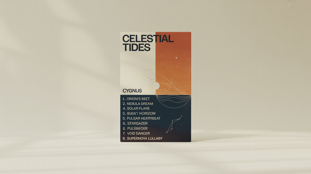 A modern, minimalist tracklist poster for an album titled 'Celestial Tides' by an artist named 'Cygnus', featuring a list of eight fictional song titles against a navy blue and cream design, mocked up on a white background.