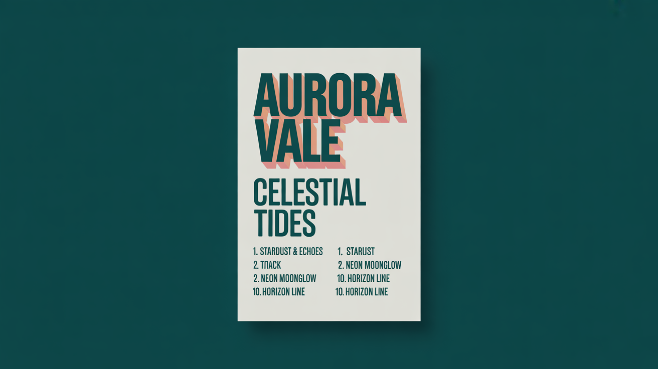 A modern and minimalist tracklist poster for a fictional artist 'AURORA VALE' and her album 'Celestial Tides', featuring a ten-song tracklist in a clean, typographic layout on a white background.