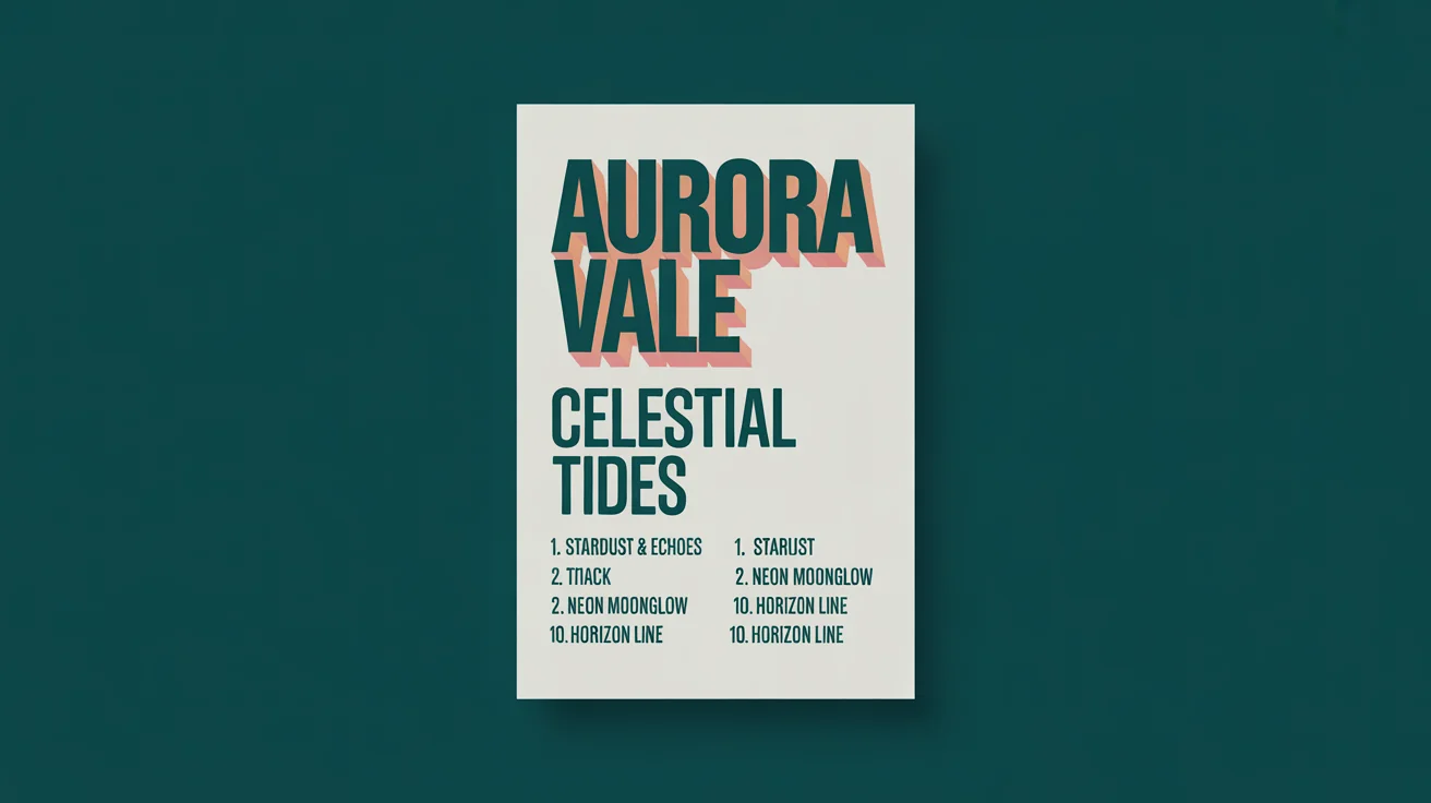 A modern and minimalist tracklist poster for a fictional artist 'AURORA VALE' and her album 'Celestial Tides', featuring a ten-song tracklist in a clean, typographic layout on a white background.