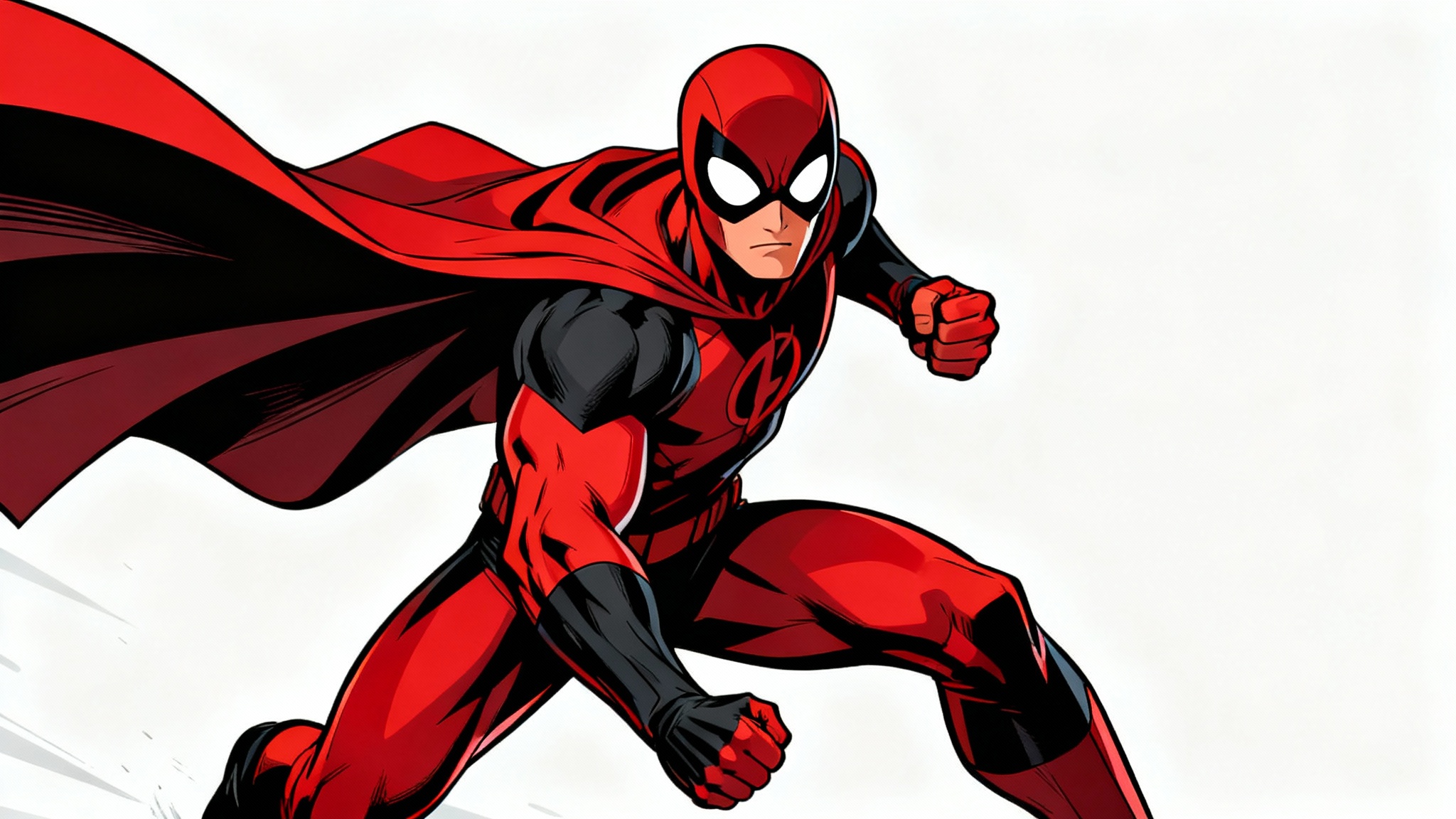 A dynamic full-body illustration of a superhero in a red and black costume, shown in a comic book line art style against a minimal white background.