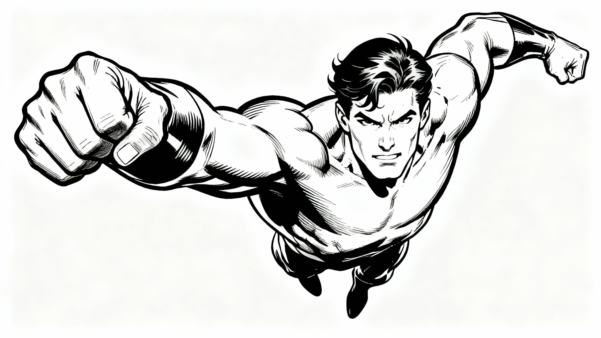 A dynamic black and white line art drawing of a superhero in an action pose, perfect for a coloring book, set against a clean white background.