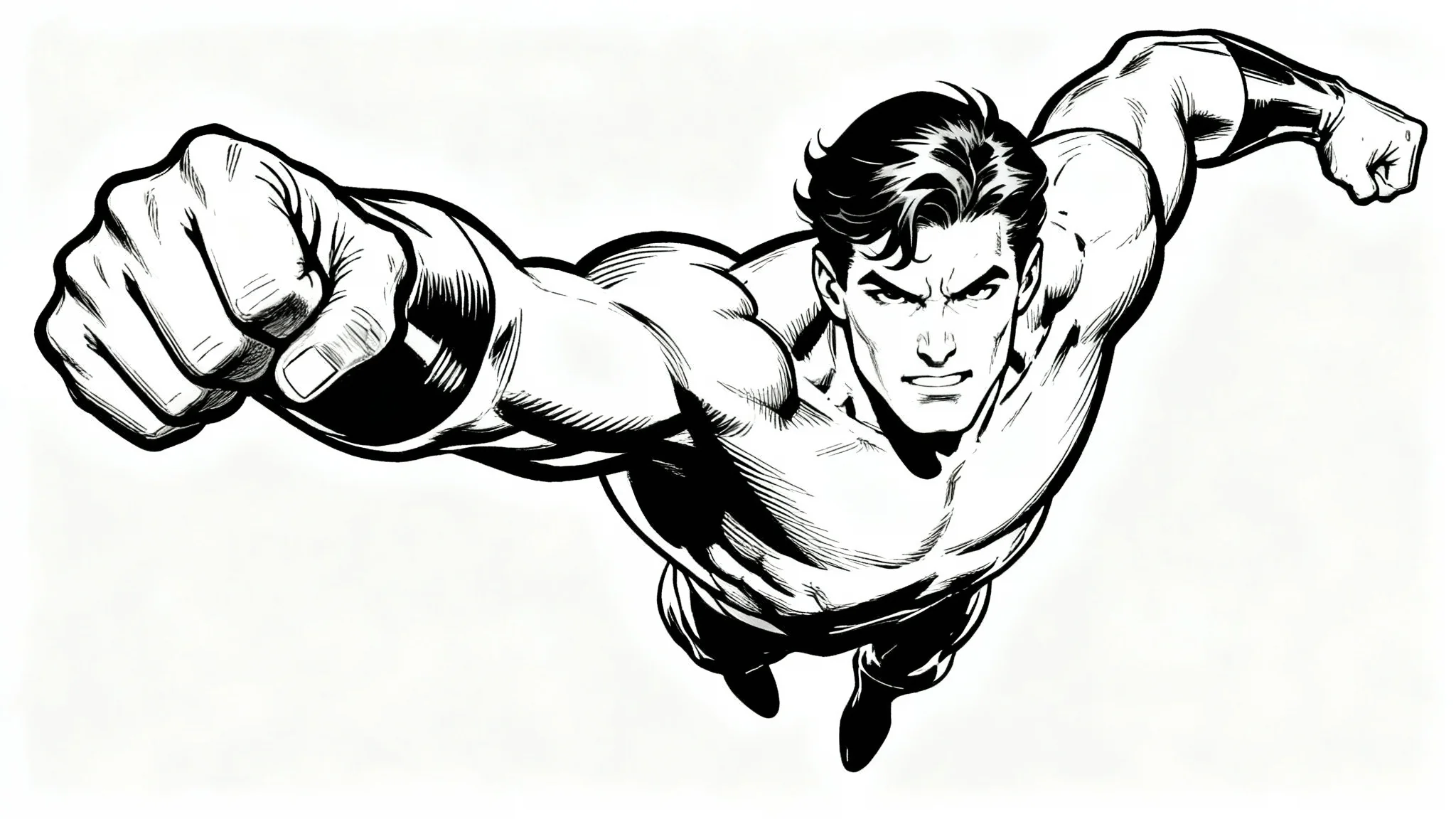 A dynamic black and white line art drawing of a superhero in an action pose, perfect for a coloring book, set against a clean white background.