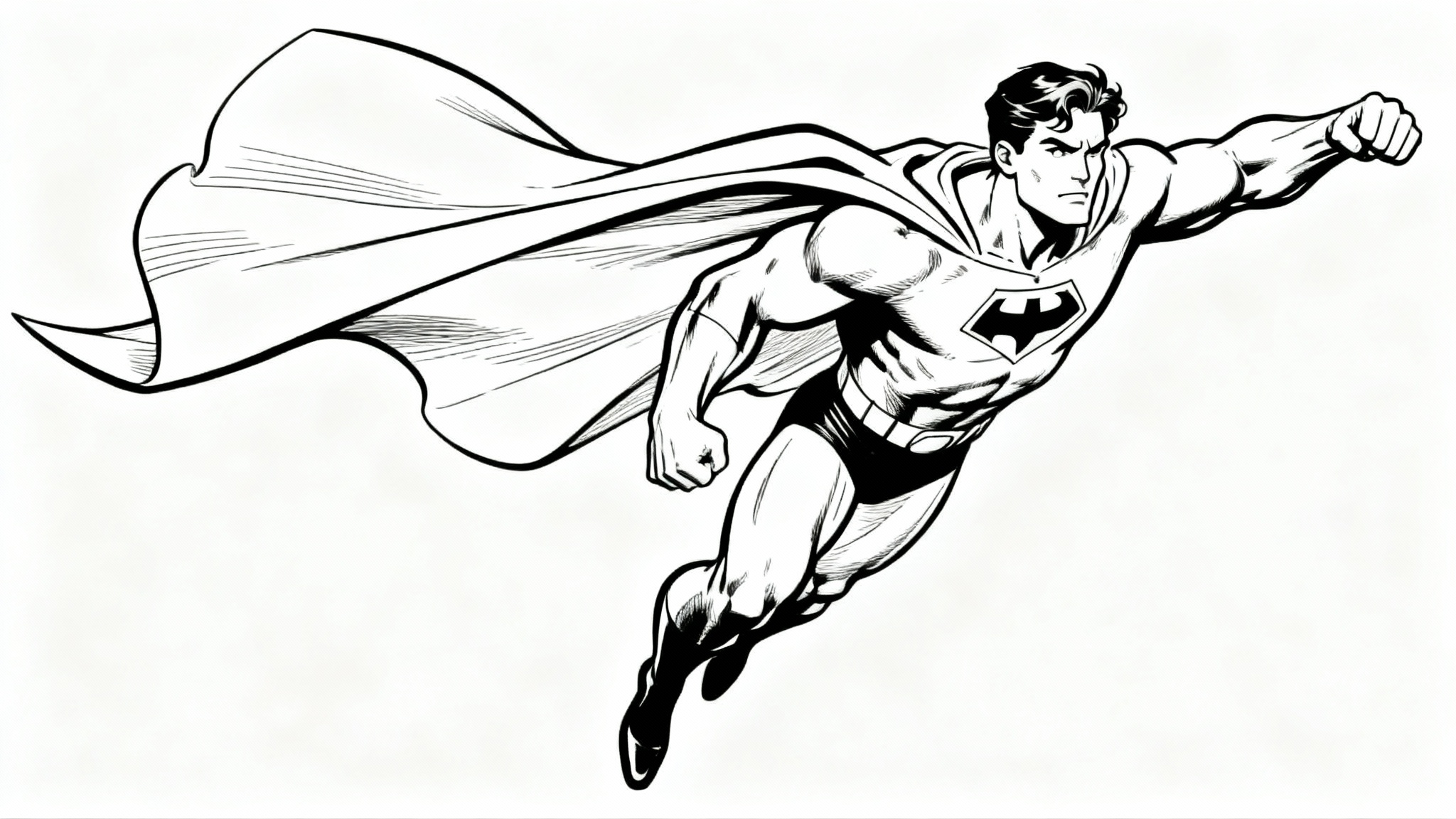A black and white line art drawing of a superhero flying through the air, depicted in a clean comic book style against a white background.