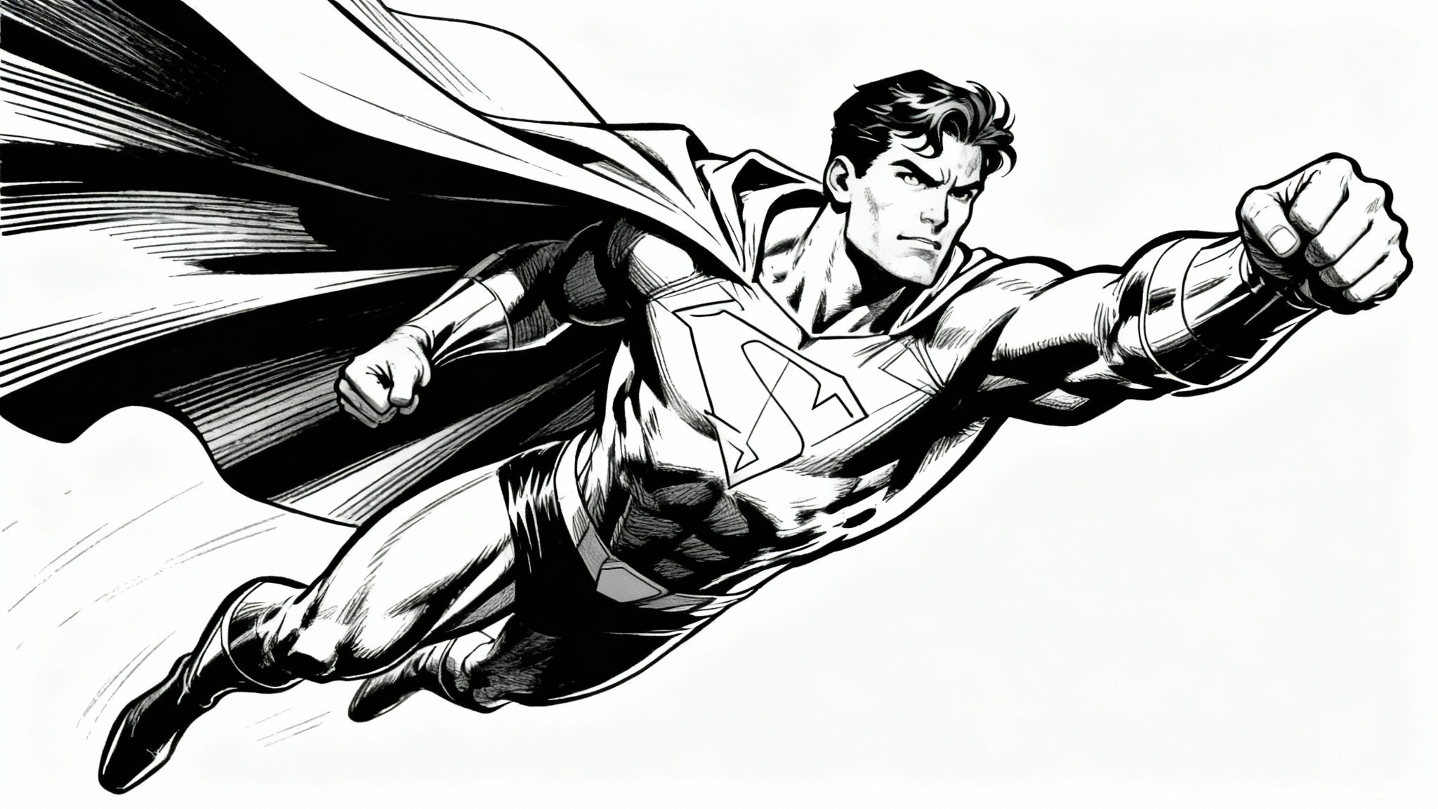 A clean, black and white line art drawing of a superhero flying forward with a determined expression, on a white background.
