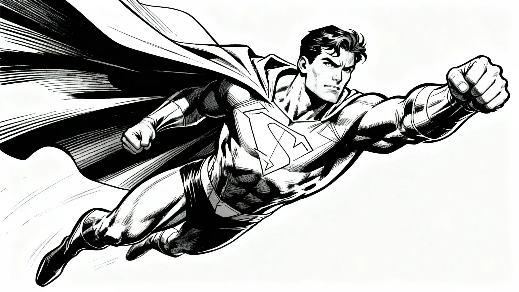 A clean, black and white line art drawing of a superhero flying forward with a determined expression, on a white background.