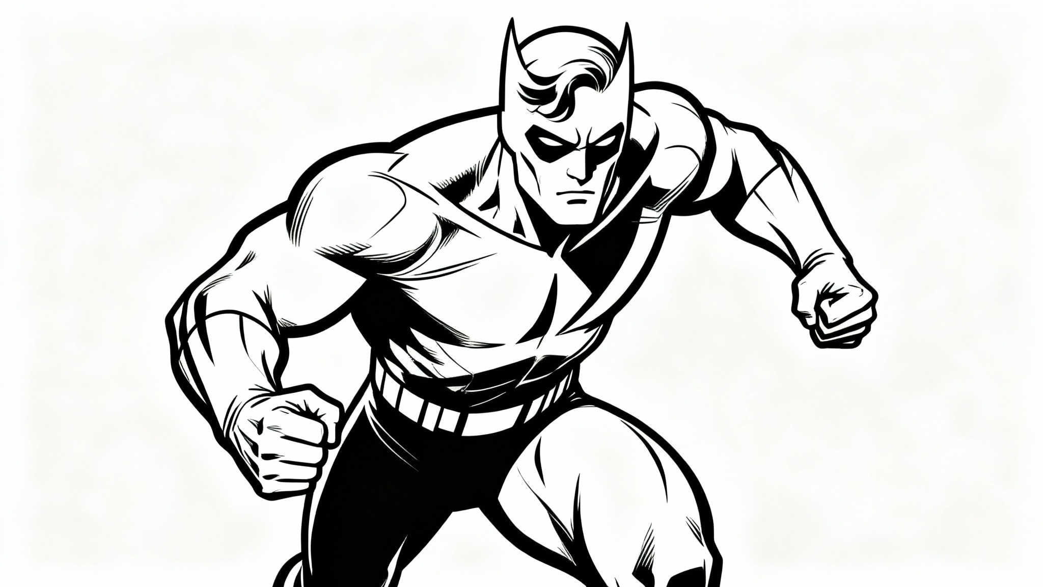 A black and white line art illustration of a superhero in a dynamic pose, designed like a coloring book page on a plain white background.