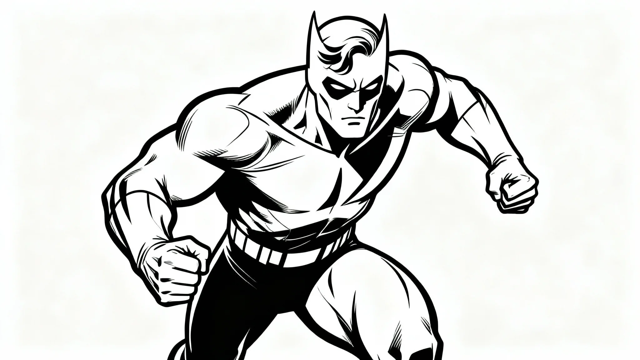 A black and white line art illustration of a superhero in a dynamic pose, designed like a coloring book page on a plain white background.