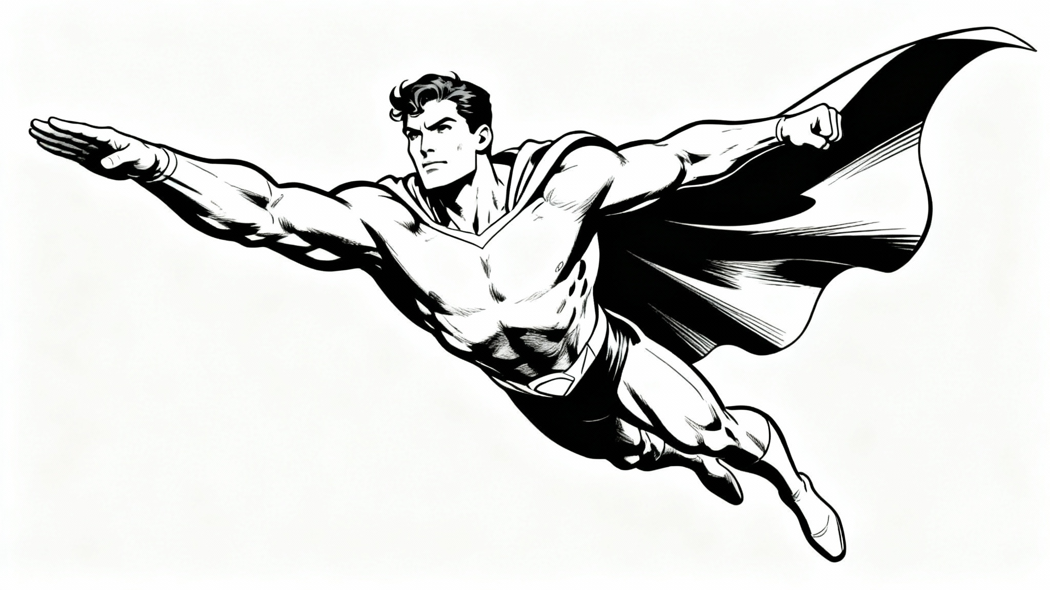 A black and white line art drawing of a muscular superhero in a dynamic flying pose, with a cape billowing behind him, set against a plain white background.