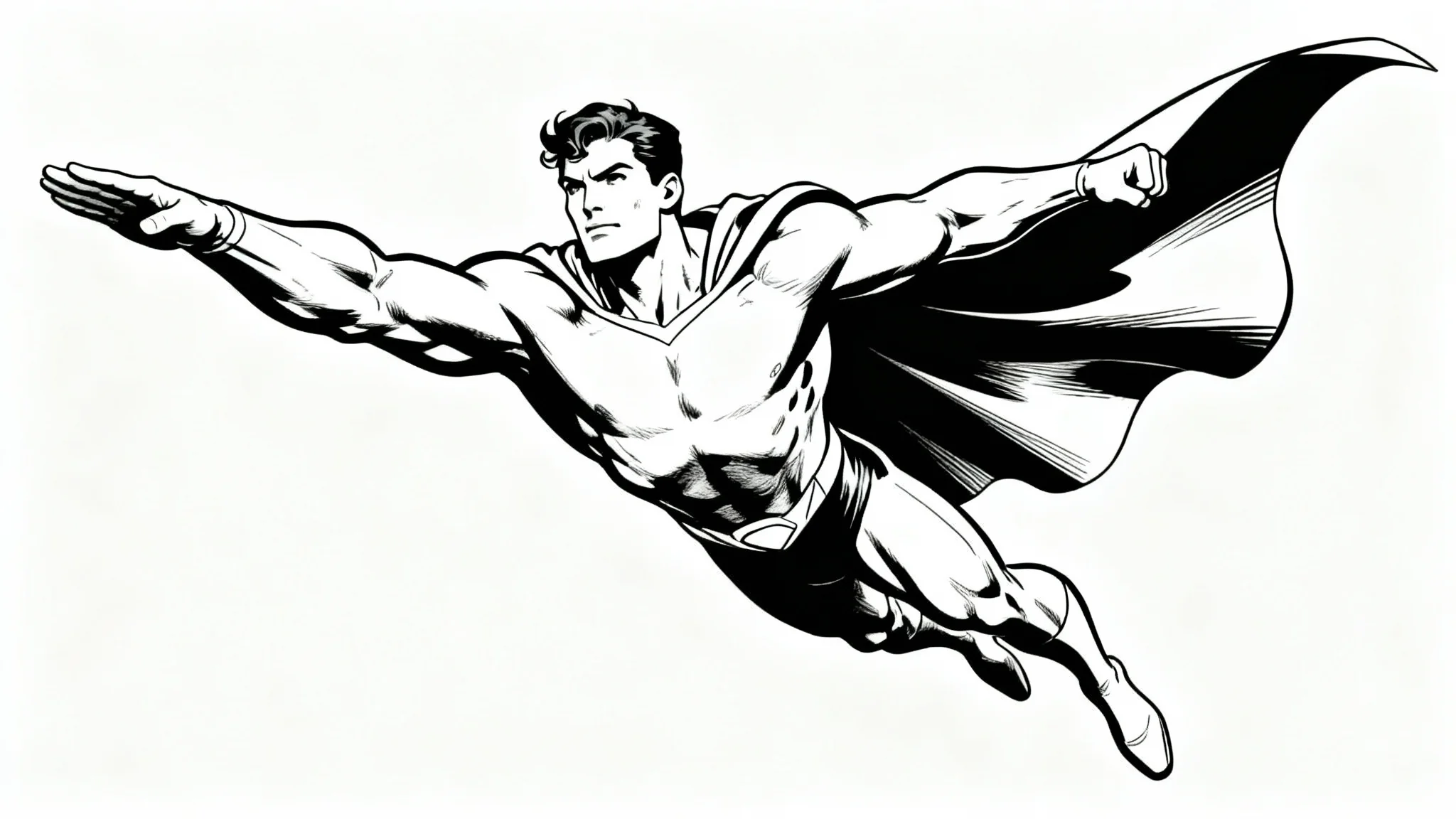 A black and white line art drawing of a muscular superhero in a dynamic flying pose, with a cape billowing behind him, set against a plain white background.