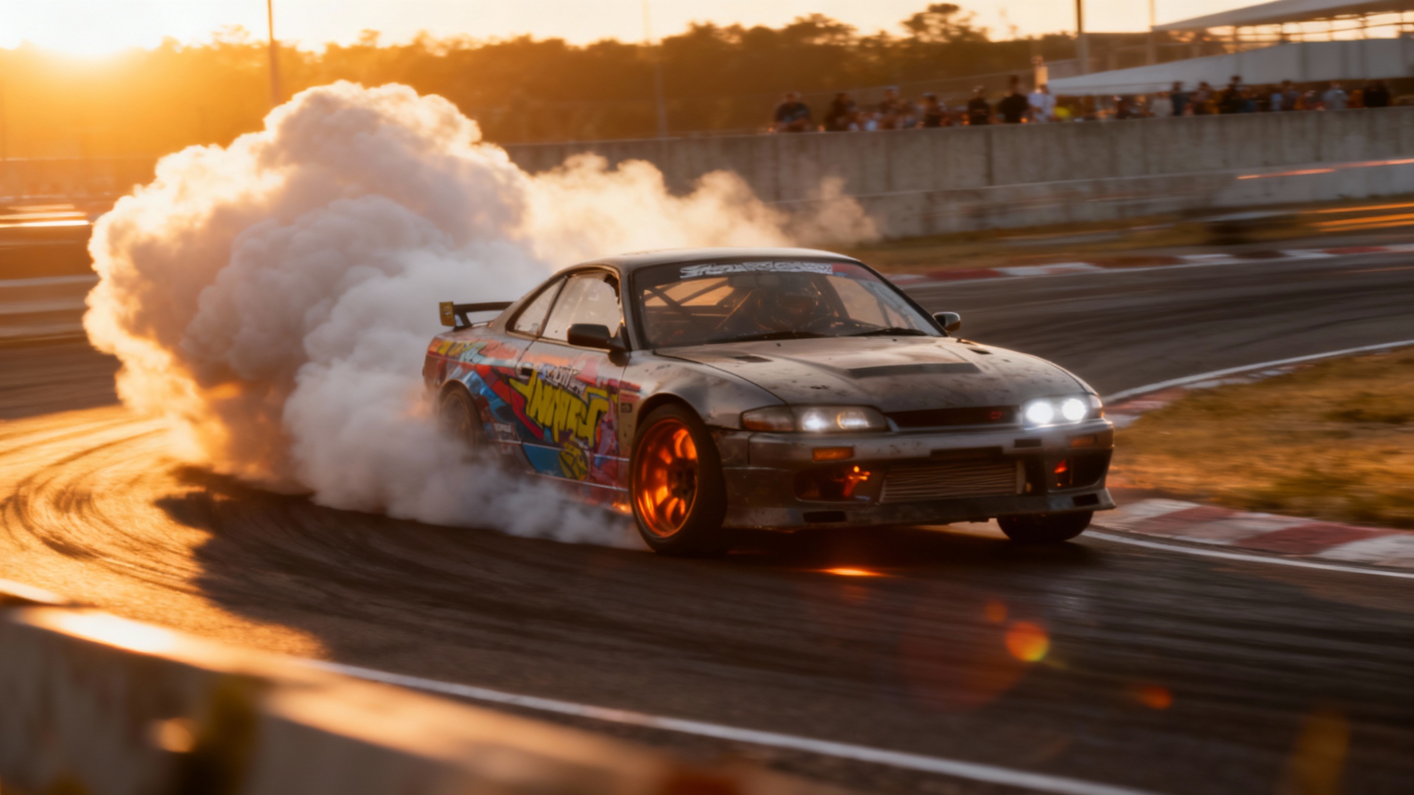 A cinematically edited, eye-catching photo of a modified drift car mid-drift on a racetrack, featuring exaggerated tire smoke, dramatic sunset lighting, and motion blur to emphasize speed.