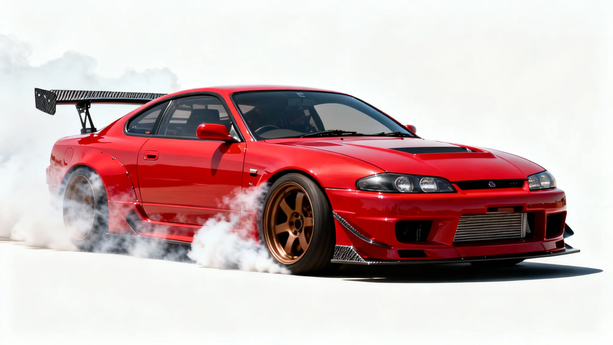 A hyper-realistic image of a red, modified Japanese drift car executing a sharp turn, with thick white smoke pouring from its rear tires, all set against a clean white background.