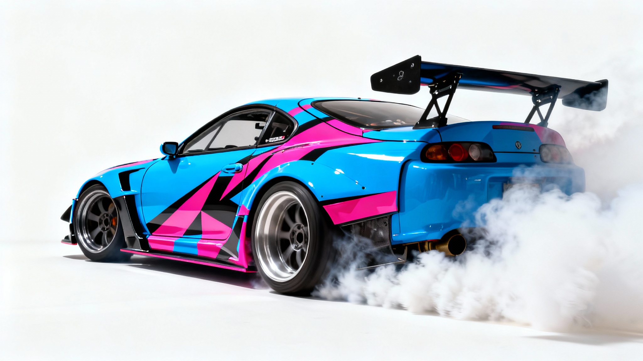 A hyper-realistic image of a custom-painted Japanese sports car in the middle of a drift, with thick smoke coming from the tires, isolated against a solid white background.