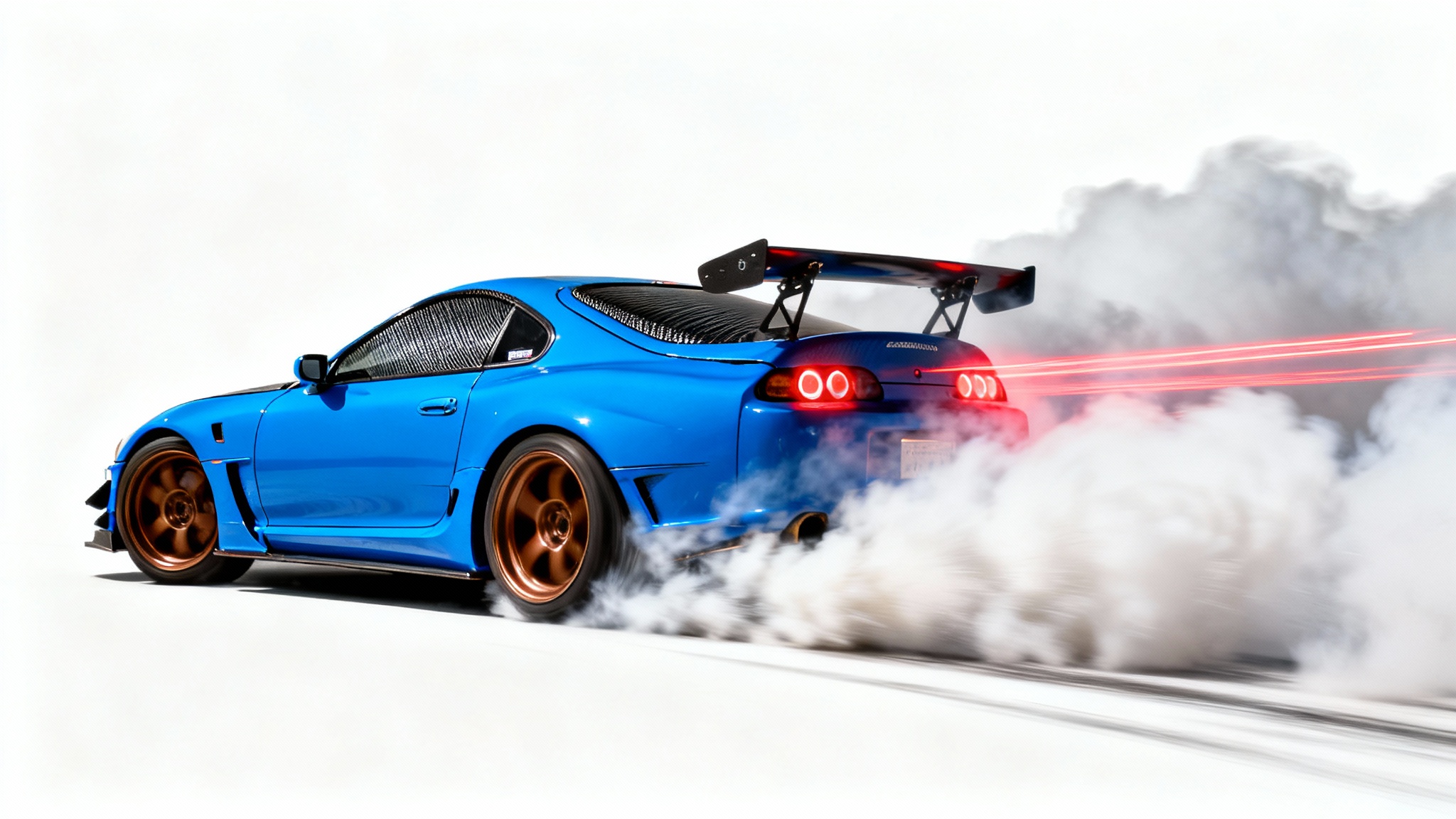 A hyper-realistic action shot of a vibrant blue drift car sliding sideways, enveloped in a thick cloud of tire smoke, with red light trails streaking behind it, all isolated on a clean white background.