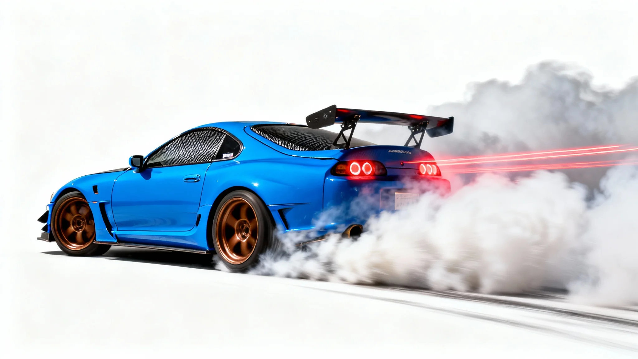 A hyper-realistic action shot of a vibrant blue drift car sliding sideways, enveloped in a thick cloud of tire smoke, with red light trails streaking behind it, all isolated on a clean white background.