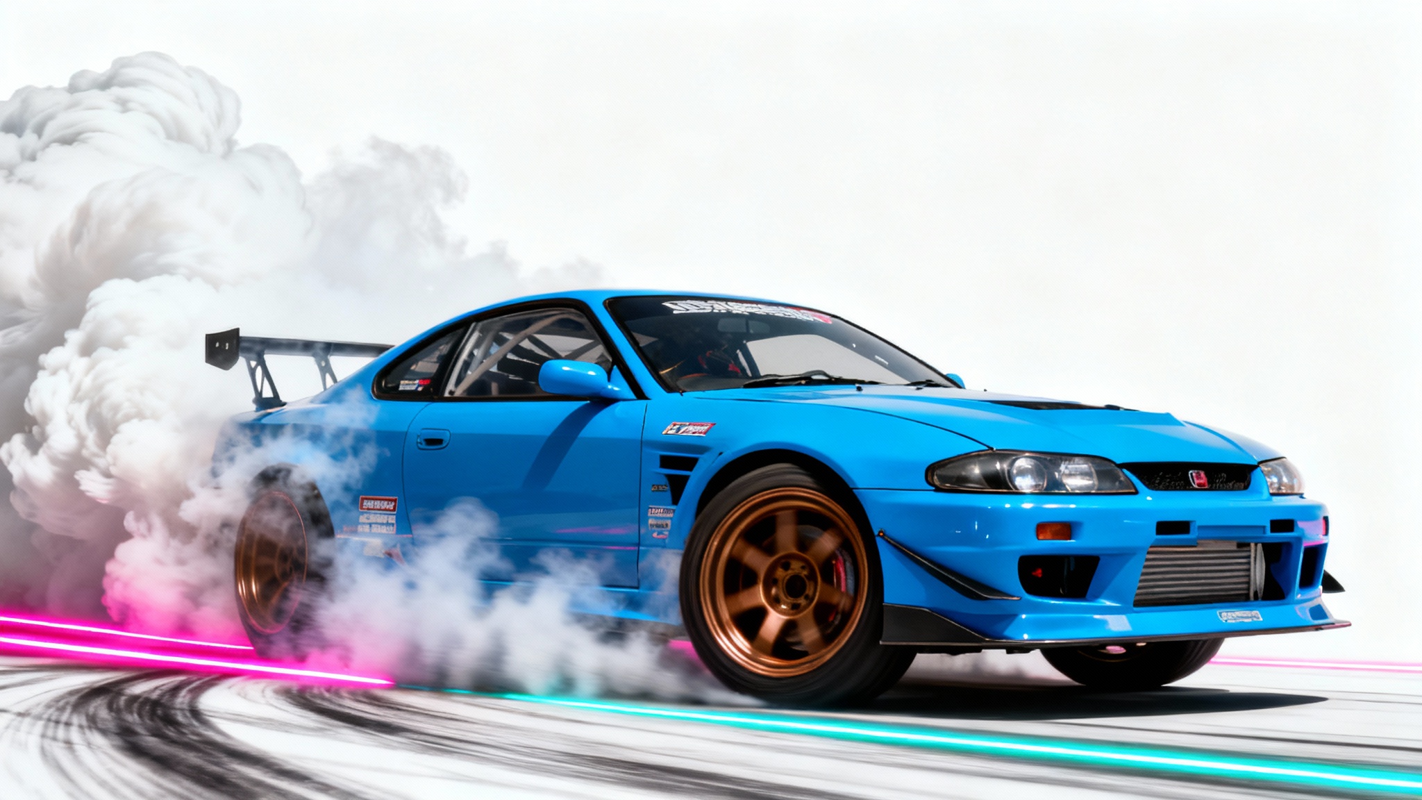 A hyper-realistic, edited photo of a blue Japanese drift car in mid-drift, creating a large cloud of white smoke against a clean white background, with neon light streaks adding to the motion effect.