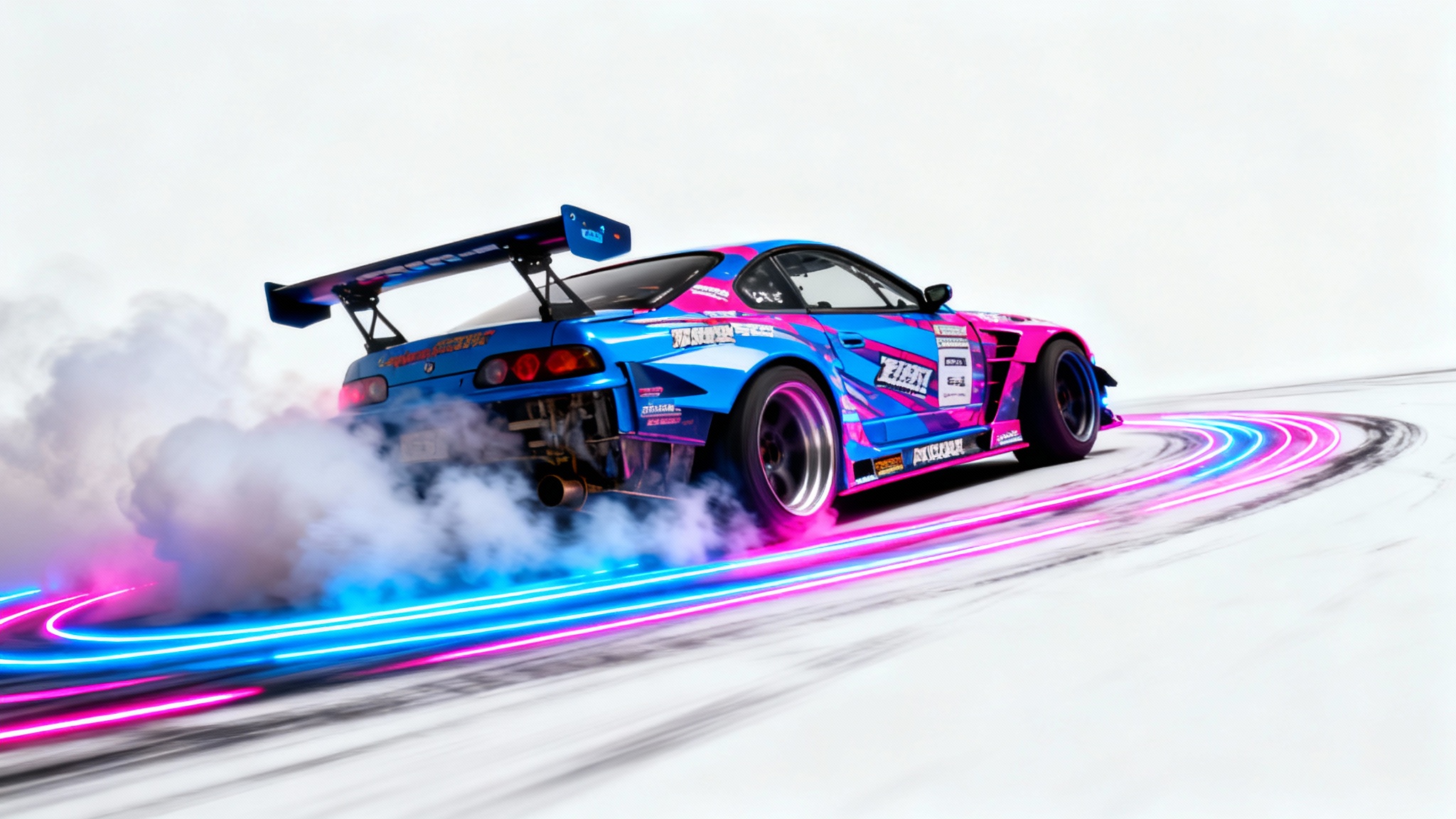 A stylized action shot of a vibrant drift car executing a sharp turn, with dramatic tire smoke and neon light effects against a white background, illustrating a car edit.