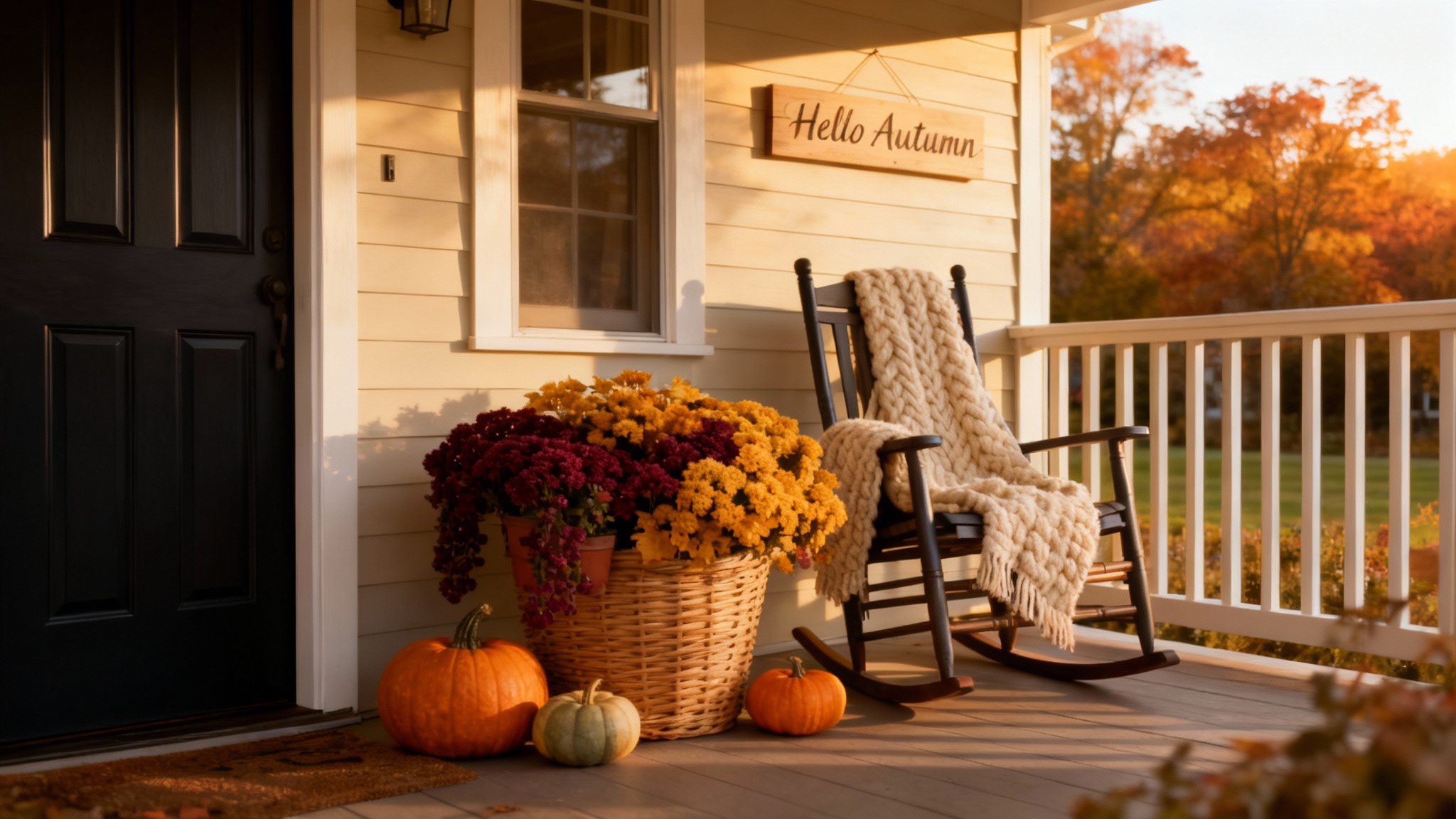 A professionally styled front porch decorated for fall, featuring a cluster of colorful heirloom pumpkins, potted mums, a cozy knit blanket on a chair, and a 'Hello Autumn' sign, all bathed in warm golden hour light.