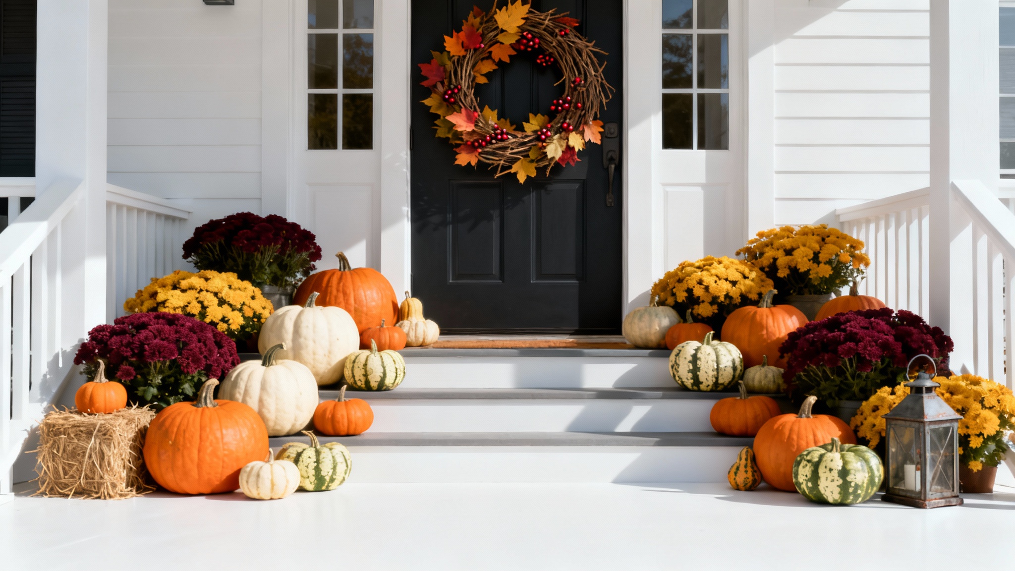A cozy front porch decorated for fall with a variety of pumpkins, colorful mums, a rustic wreath on the door, and a lantern, all displayed against a clean white background.