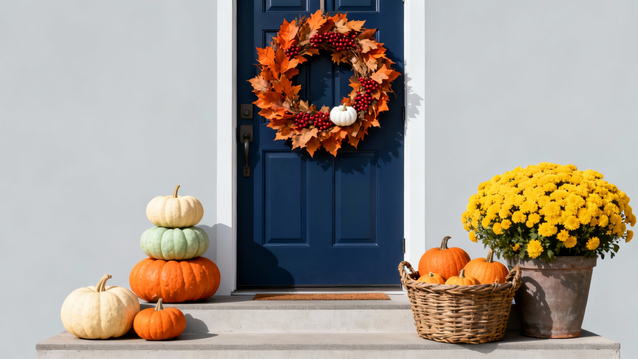A beautifully decorated front porch for fall, featuring a navy blue door with a wreath, a variety of pumpkins, and yellow mums, all set against a clean, neutral background.