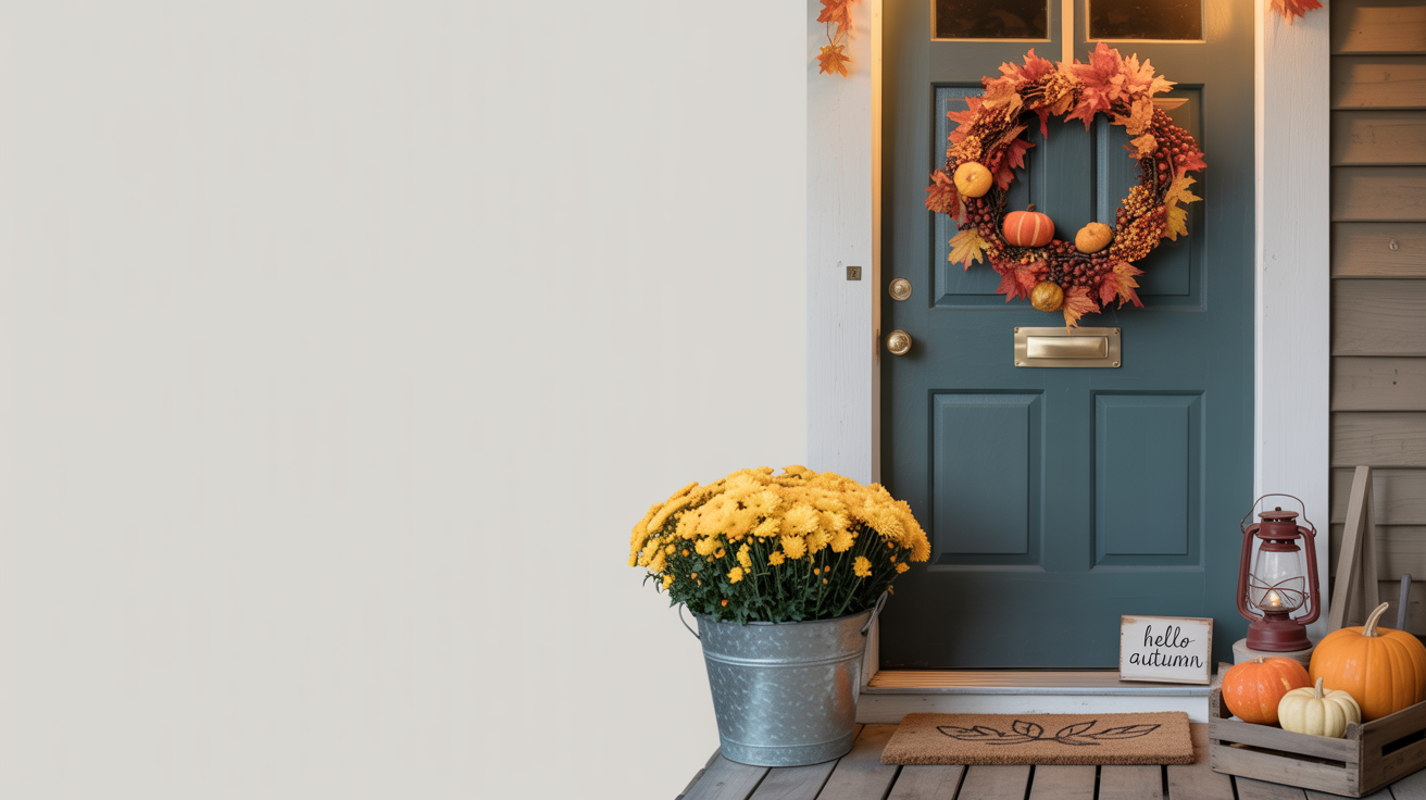 A beautifully decorated front porch for autumn, featuring a fall wreath on a teal door, a variety of pumpkins and gourds on the steps, potted mums, and a sign that reads 'Hello Autumn', all against a white background.