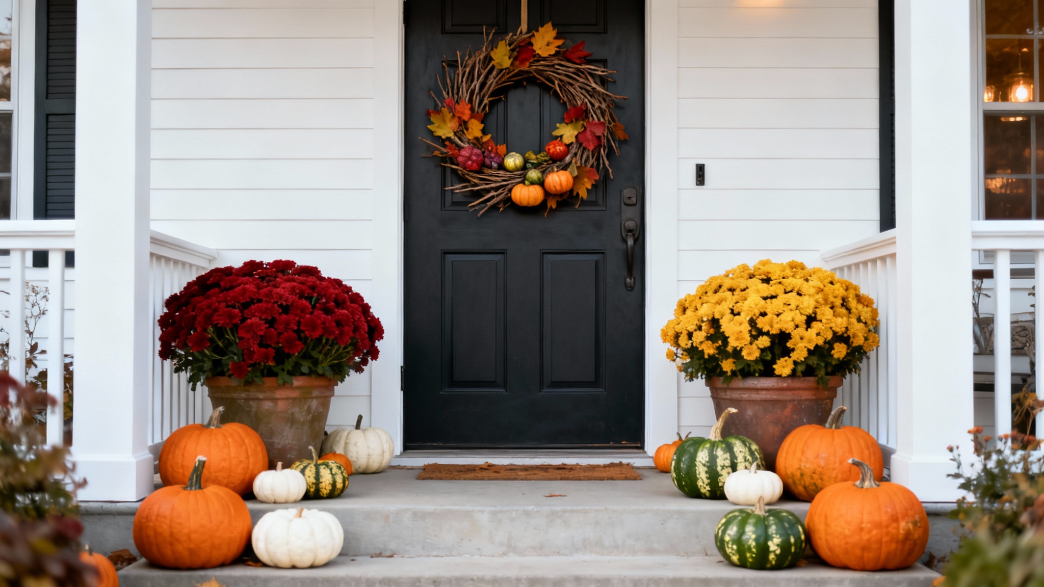A beautifully decorated front porch for autumn, showcasing an arrangement of pumpkins, colorful mums, and a festive wreath on the front door, set against a plain white background.