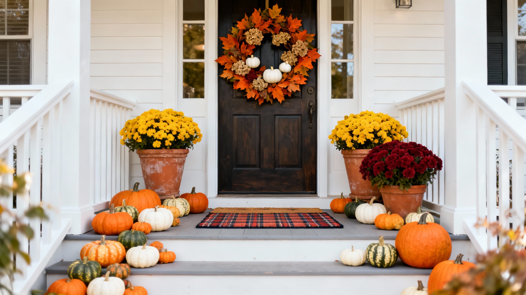 A welcoming front porch decorated for autumn, featuring a wreath on the door, a colorful display of pumpkins and gourds on the steps, and pots of chrysanthemums.