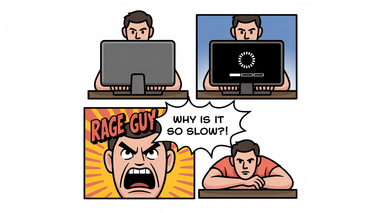 A modern, full-color, four-panel rage comic showing a character getting angry at a slow computer, culminating in a screaming rage face.