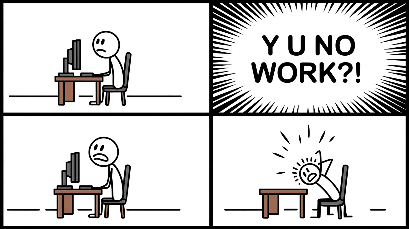 A four-panel black and white rage comic. A stick figure gets progressively more frustrated with a computer, culminating in the 'Y U NO' face saying 'Y U NO WORK?!' and then flipping a table.