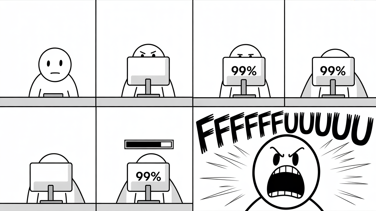 A classic four-panel rage comic in black and white. A stick figure becomes increasingly frustrated with a computer loading bar, culminating in the iconic screaming 'Rage Guy' face in the final panel.