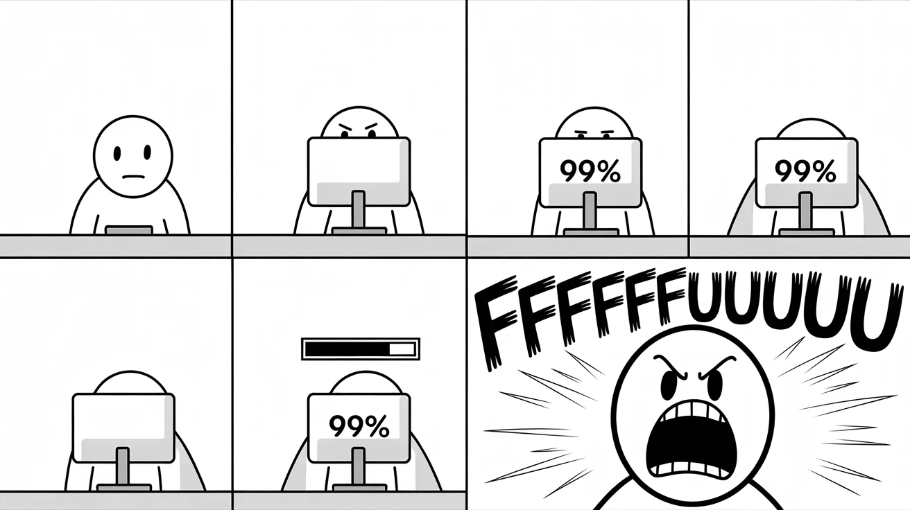 A classic four-panel rage comic in black and white. A stick figure becomes increasingly frustrated with a computer loading bar, culminating in the iconic screaming 'Rage Guy' face in the final panel.