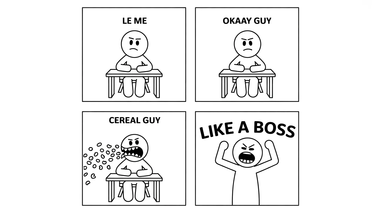 A classic 4-panel rage comic depicting a simple story. It shows a character at a desk, then working, then being surprised, and finally ending in a triumphant pose with the text 'LIKE A BOSS'.