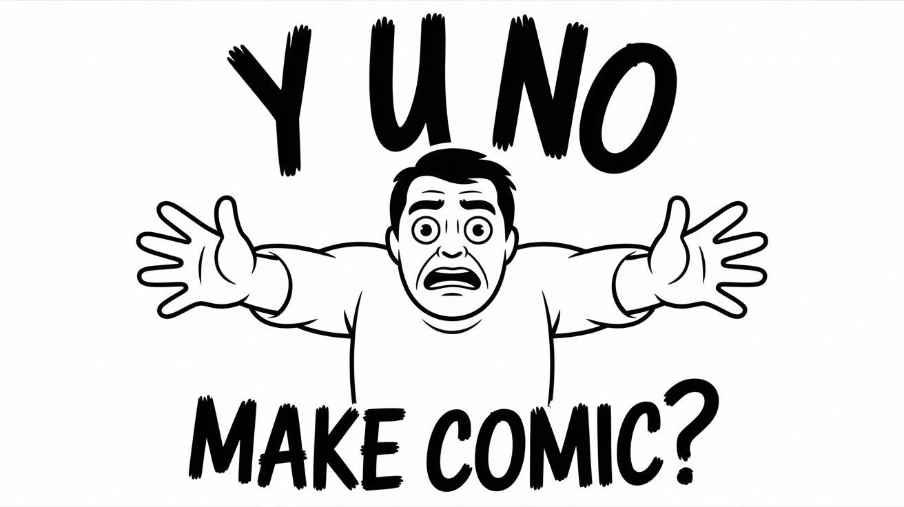 A black and white rage comic featuring the 'Y U NO' character, with text above reading 'Y U NO' and text below reading 'MAKE COMIC?'. The character is centered on a white background with an exasperated expression.