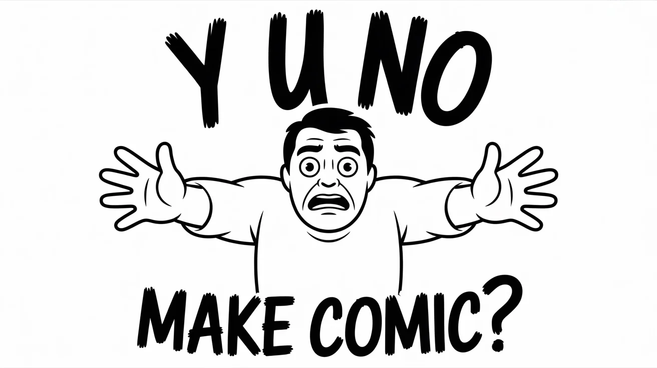 A black and white rage comic featuring the 'Y U NO' character, with text above reading 'Y U NO' and text below reading 'MAKE COMIC?'. The character is centered on a white background with an exasperated expression.