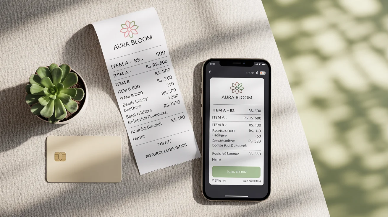 An eye-catching flat lay image showing two professionally designed POS receipts on a clean background. One is a physical receipt and the other is on a smartphone screen, both featuring modern typography and a clean layout for a fictional store, representing the final output of a design tool.