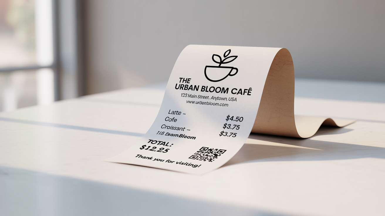 A modern, custom-designed POS receipt for 'The Urban Bloom Cafe' on a white background, showing a clear layout with a logo, itemized list, and total.