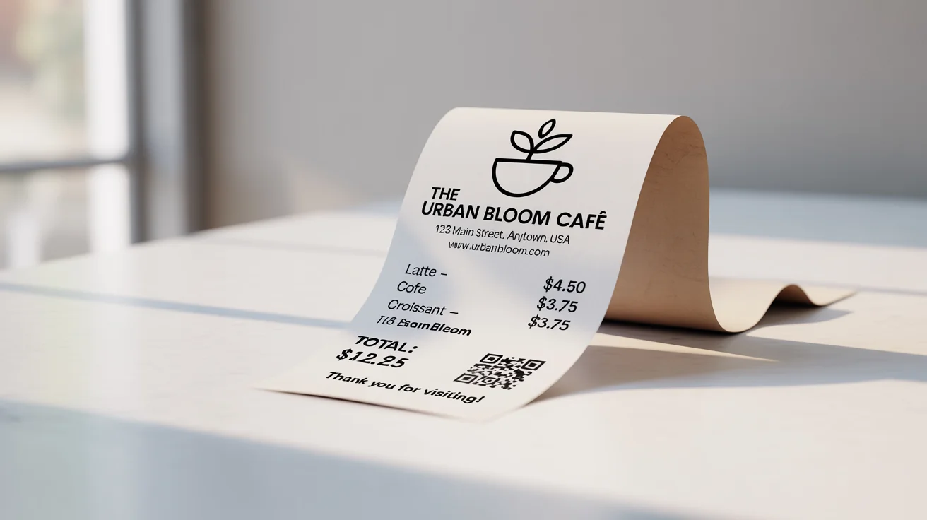 A modern, custom-designed POS receipt for 'The Urban Bloom Cafe' on a white background, showing a clear layout with a logo, itemized list, and total.