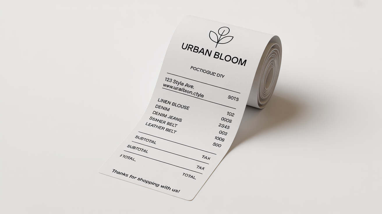 A mockup of a clean and modern POS receipt design for a fictional boutique named 'Urban Bloom', shown against a plain white background.